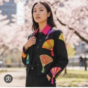 Carina Women's Black Jacket with Colorful Fan Embroidery-Medium